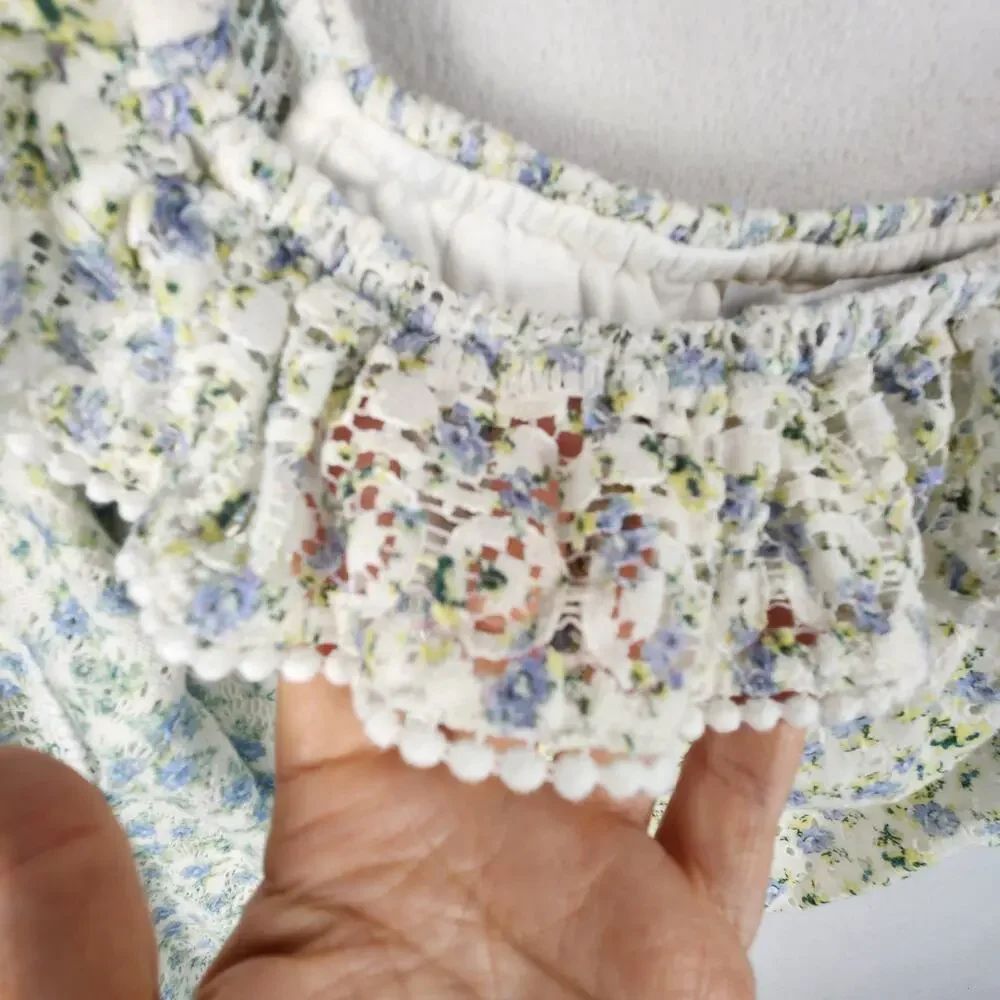 House of Harlow 1960 Floral Crop Blouse Womens M Blue Ruffle Cottagecore EUC - Picture 5 of 16